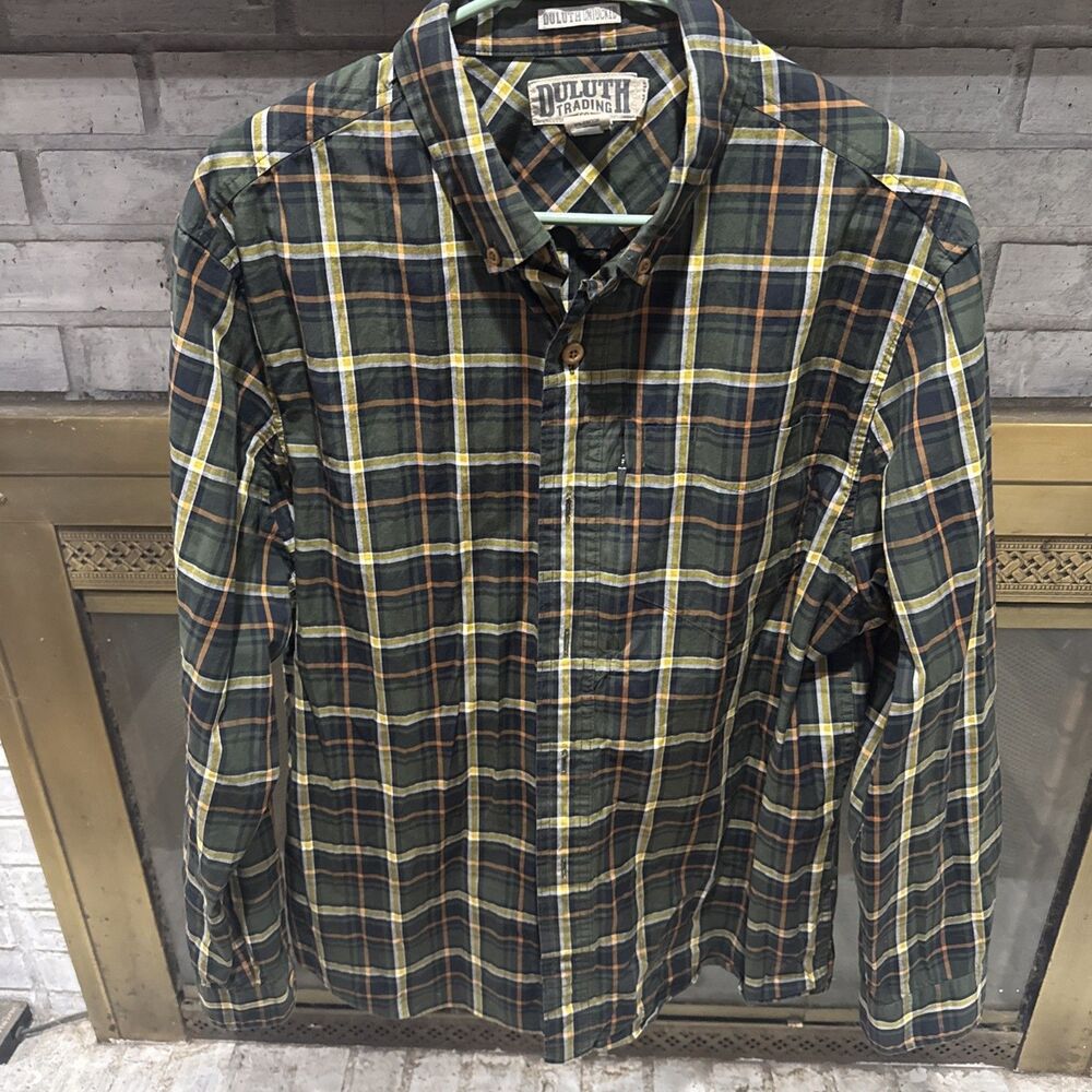 Duluth Untucked Men's L Tall Green Plaid Slim Fit Comfort Pocket